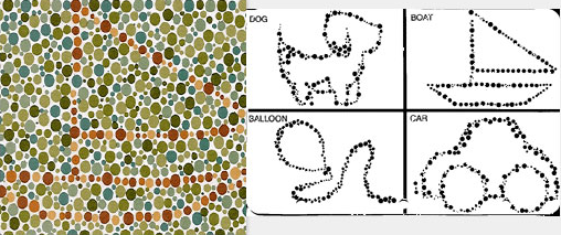 Color Vision Testing Made Easy test card 3 and the dog, boat, balloon and car shapes
