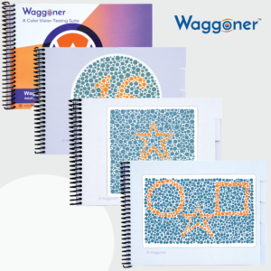 Waggoner color vision test books with demonstration plates showing a number and shapes